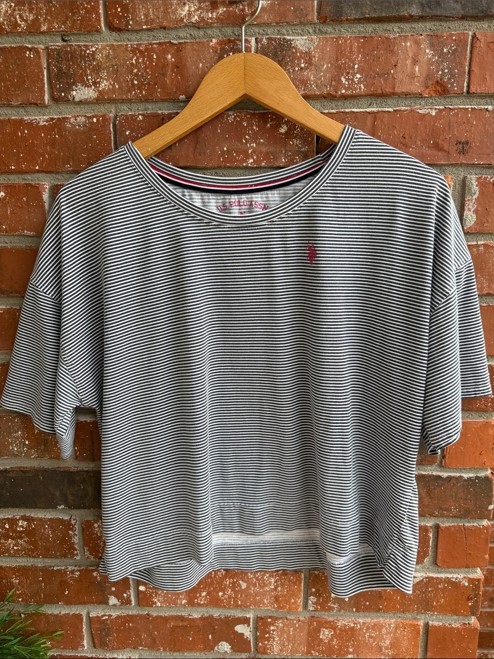 U.S. Polo Assn. Navy & White Striped Short Sleeve Tee with Pink Logo